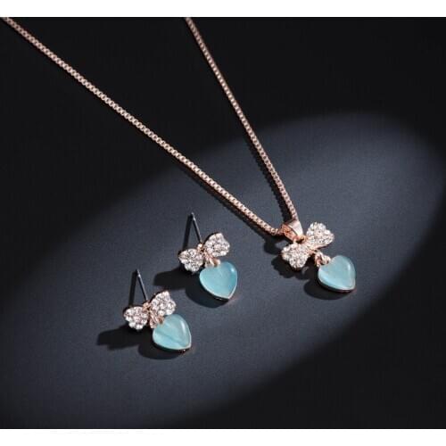 Cute Romantic Rhinestone Inlaid Heart Love Opal Drop Pendent Earrings Necklace Set Neck Ear Jewelry Sets for Women Girls Gift