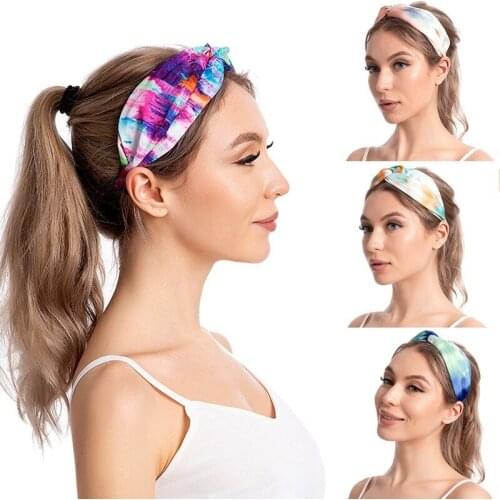 Fashion Women Hair Hairband Wide Side Tie-dye Elegant Headwear Creative New Tie-dye Fabric Cross-knotted Headband Sport Headband