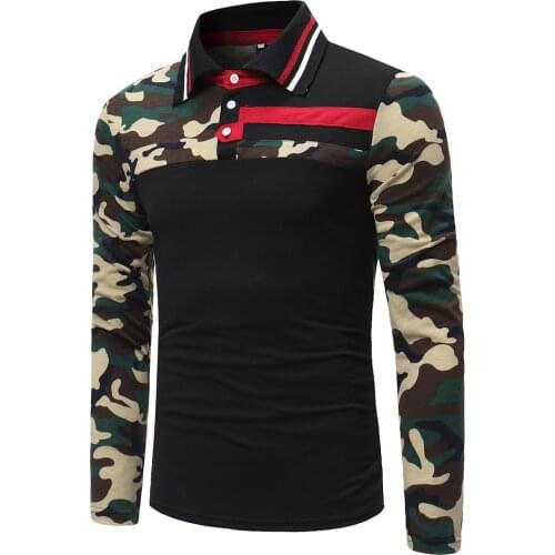 New Mens Fashion Camo Color Matching Lapel Casual Long Sleeve POLO Shirt