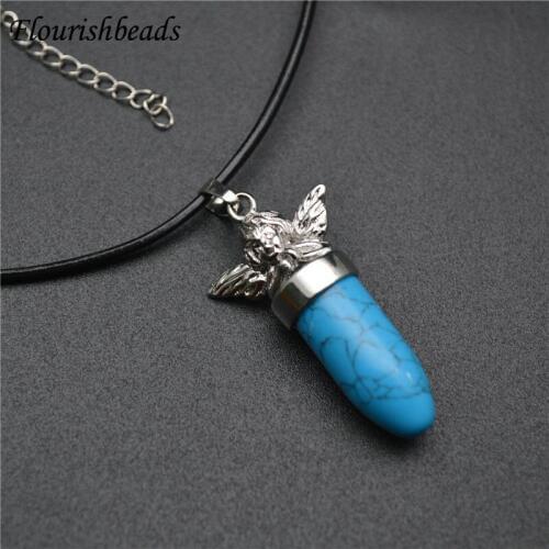 New Design Natural Genstome Bullet Shape Angel At The Top Pendants Leather Cord Chain Necklace Woman Man Jewelry Party Gift