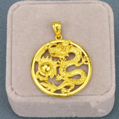New Round Shaped Dragon Patterned Pendant Necklace 18K Yellow Gold Filled Mens Neck Chain Male Punk Vintage Jewelry