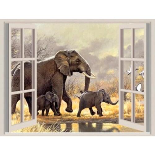 Full round square 5d diamond painting window outside elephant family,diamond art rhinestone 3d embroidery diamond mosaic arte