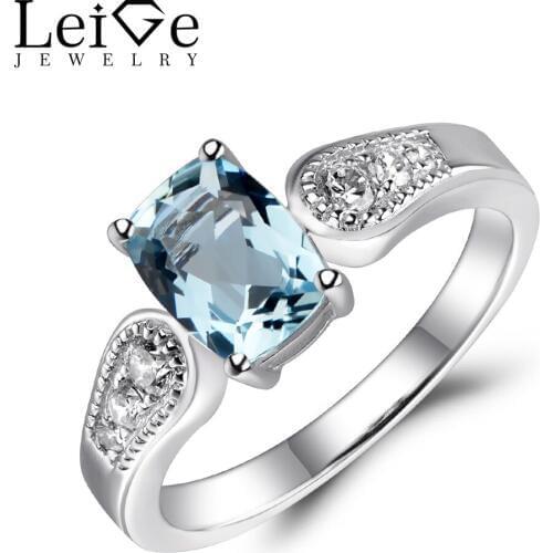Leige Jewelry Silver Aquamarine Ring Natural Blue Gemstone Engagement Wedding Rings for Women 6*8mm Cushion Cut March Birthstone