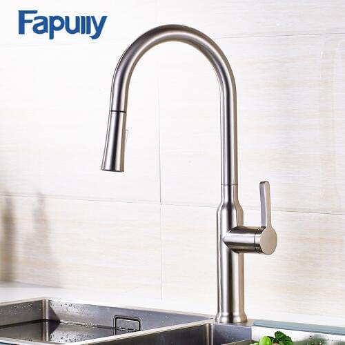Fapully Pull Out Kitchen Faucet Polished Brushed Nickel Finish Swivel Sink Kitchen Deck Mounted Pull Down Spray Sink Taps
