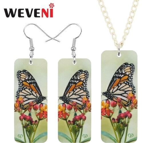WEVENI Acrylic Rectangle Monarch Butterfly Jewelry Sets Long Flower Insect Animal Necklace Earrings For Women Girls Fashion Gift