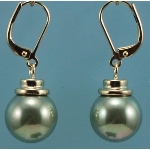 Womens fashion simple gold plated 12 mm grey green shell pearl Round Earrings