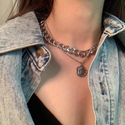 Gold Choker Layered Necklace for Women, Fashion Geometric Coin Gold Plated Pandent 2 Layered Necklaces for Teen Girls Gifts