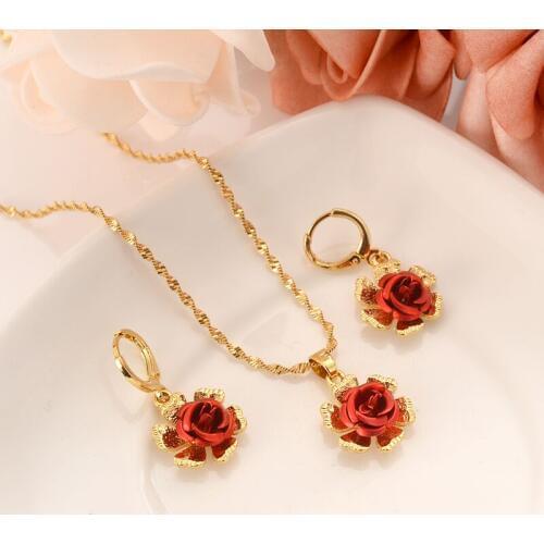 18 k Fine Gold leaf red flower bright-coloured women Jewelry Sets Europe Wedding Gift Dubai pendnat earrings diy charms