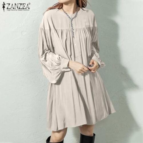 2021 ZANZEA Women Elegant Shirt Dress Spring Casual Buttons Work OL Knee-length Vestidos Plus Size Long Sleeve Solid Sundress 7