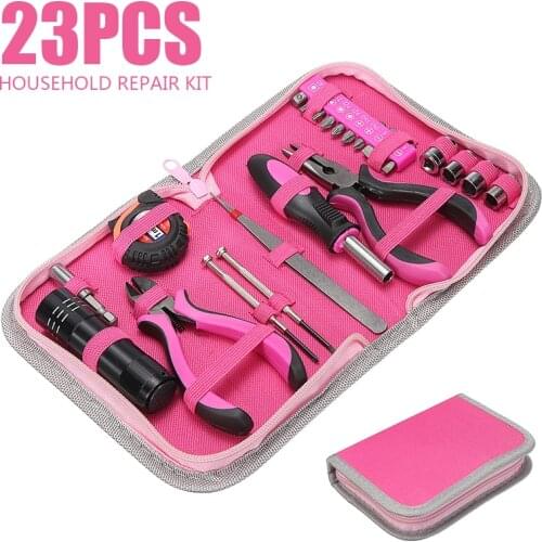 23pcs Female Hand Tool Sets Screwdriver Household Tool Pink Multi-function Repairing Tool Kit Plier Screw Tape Measure Tool