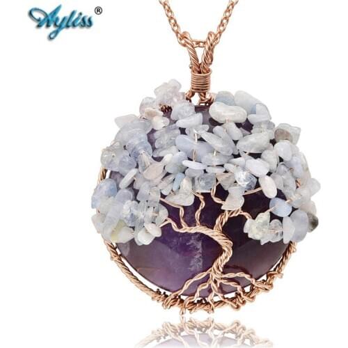 Ayliss Natural Stone Round Pendant Tree of Life Necklace Healing Crystal Tumble Stone Wrap Gem Stones Pendant Necklace Jewelry
