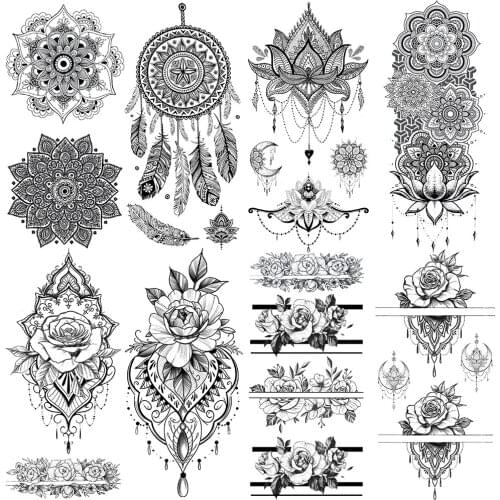 Black Henna Temporary Tattoos For Women Sexy Dreamcatcher Mehndi Fake Tattoo Mandala Flower Feather Beauty Jewelry Tatoo Lace