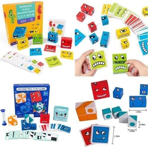 Montessori Wooden Geometric Fun Face-Changing Cube Building Blocks Expressions Puzzles Matching Logical Kids Educational Toy