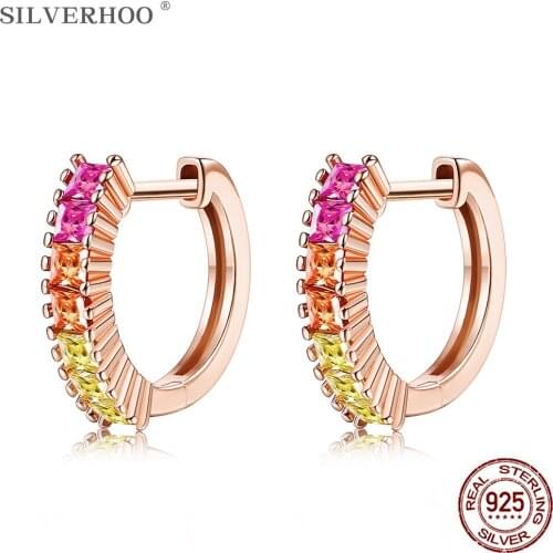 SILVERHOO Rainbow Series Type Hoop Earrings For Women 925 Sterling Silver Inlay Row Zircon Earring Elegent Life Trendy Jewelry