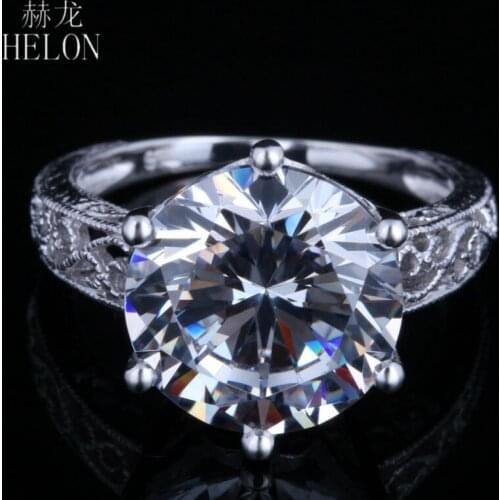 HELON Sterling Silver 925 12mm Round Genuine Cubic Zircon Engagement Wedding Ring For Women Vintage Fine Jewelry Ring
