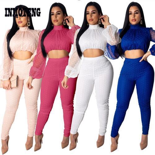 INMOTENG Spring Turtleneck See Through Long Sleeve Dot 2 Pieces Set White/Pink Plus Size Crop Top Long Pangts Jumpsuit Outfits