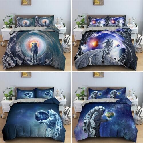Astronaut Bedding Set 3D Outer Space Duvet Cover Set Full Queen King Size Blue Galaxy Bed Set Comforter Cover for Teens Bedroom