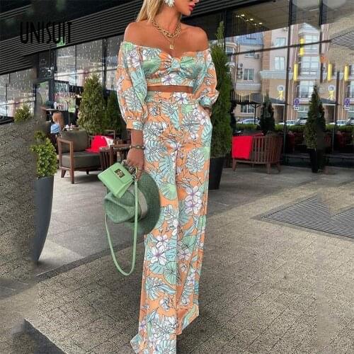 Women Autumn Sets Sexy Puff Sleeve Off Shoulder Tops + Elegant Print High Waist Long Pants Suits Female Casual Loose Outfits