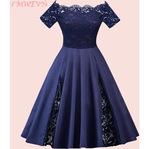 TMWEVN Sexy Slash Neck Off Shoulder Sleeves Party Vintage Dress Lace Patchwork Dress Office Plus Size(XL-5XL)