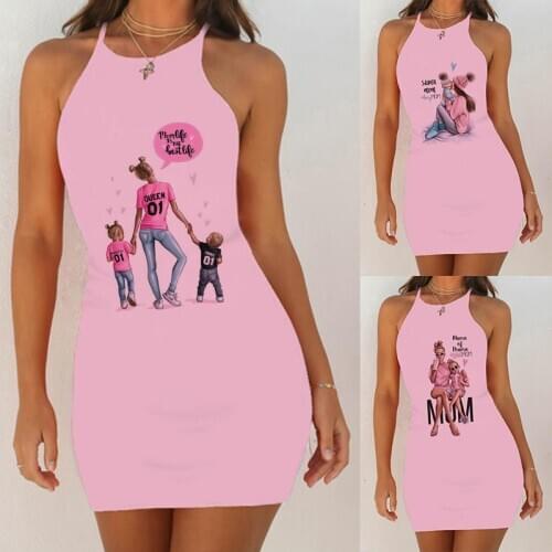 Summer 2020 New Women Bodycon Dress Slim Pack Hip Sleeveless Sexy Party Dress Super Mom Love Printed Stretch Short Club Dresses