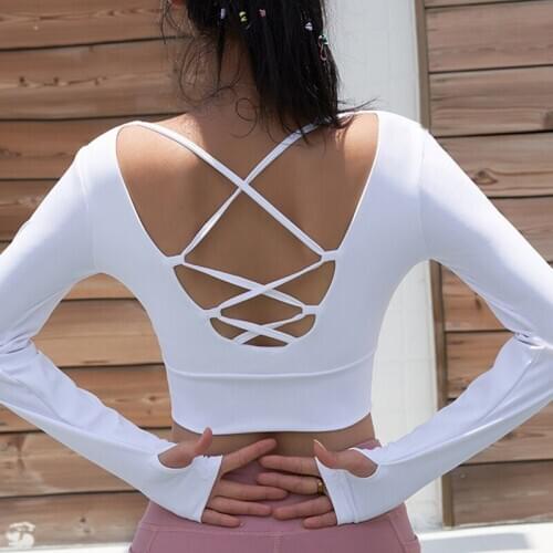 Finger Cuff Long Sleeve Yoga Shirts Solid Sport Crop Top Padded Removable Cup Bra Fitness Running Sportswear