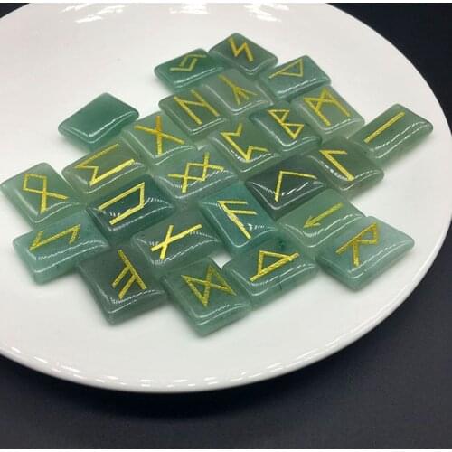 Natural Green Aventurine Stone Runes Viking Symbol Nordica Amulet Rune Stone Divination Reiki Healing Crystals 25pcs