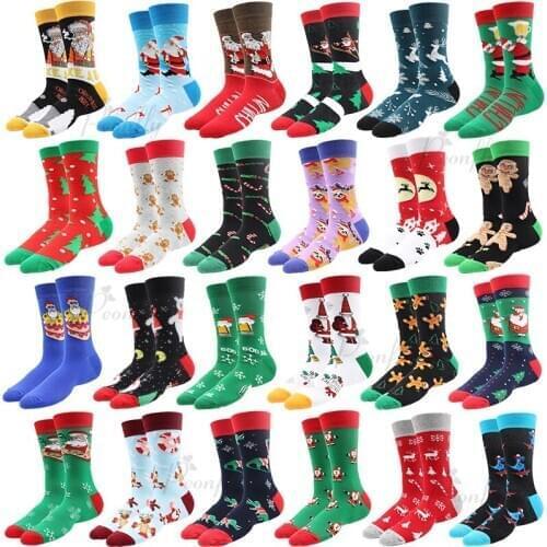 Peonfly Christmas New Colorful Cotton Happy Mens Crew Socks Harajuku Hip Hop Funny Cartoon Santa Claus Biscuits