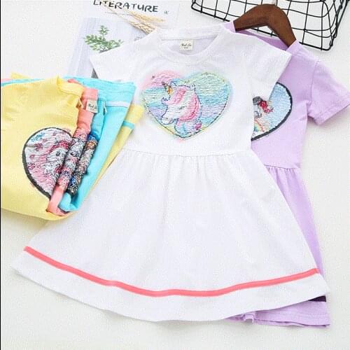 New style cute girl unicorn dress change face magic discoloration sequin unicorn cartoon paillettes dresses for girls gifts
