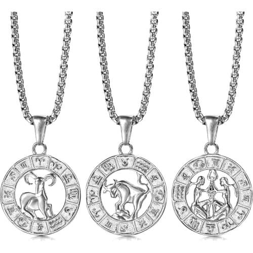 Silver Color Stainless Steel 12 Zodiac Sign Constellation Aries Pendant Necklace For Men Women Dropshipping Jewelry Gift DKP656