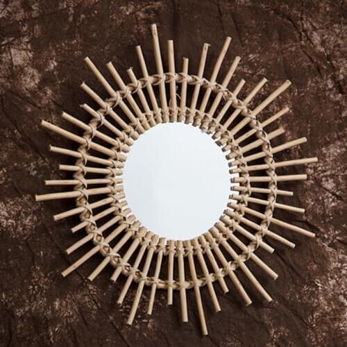 Rattan Innovative Art Decoration Round Makeup Mirror Dressing Bedroom Bathroom Wall Hanging Mirrors