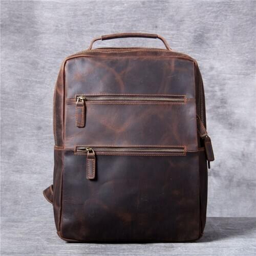 Retro simple mens genuine leather backpack womens crazy horse cowhide daily backpack Large capacity travel bag computer bag