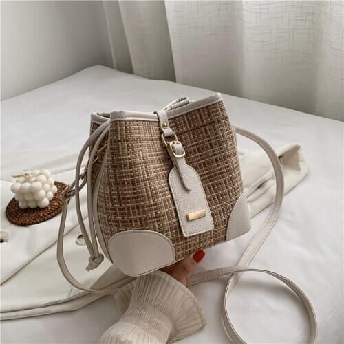 Drawstring Womens flax Bucket Bag Summer Contrast color Shoulder Bags Shopping Purse Beach Handbag Straw Handbags Travel Bag