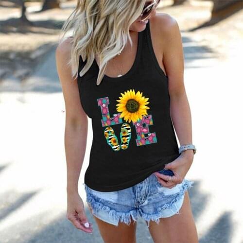 Vintage Sleeveless Round Neck Vest for Summer Clothes Loose Ladies Women Tops Femme Love Sunflower Print Women Tank Top