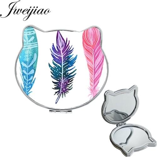 Youhaken colorful Feather PU Travel Mirror game Cat Ear Shaped leather DIY vintage Indian Culture pocket Folding mirror DH30