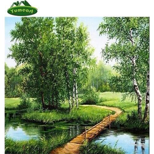 YUMEART Landscape Nature Trees and Wooden Bridge 5d Diy Diamond Painting Cross Stitch Full Diamond Embroidery Mosaic Pattern