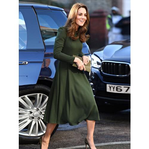 Kate Middleton Spring Autumn High Quality Womens Fashion Workplace Casual Party Elegant Vintage Midi Green Long Sleeve Dress