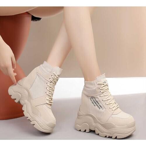 2021 New Autumn Boots Women High Platform Sneakers 12CM Height Increasing Ankle Boots Thick Sole Breathable Canvas Shoes Woman