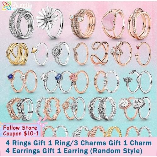 Smuxin 925 Sterling Silver Rings Snake Chain Pattern Crown Open Band of Hearts Daisy Flower Multifaceted Rings 925 Women Rings