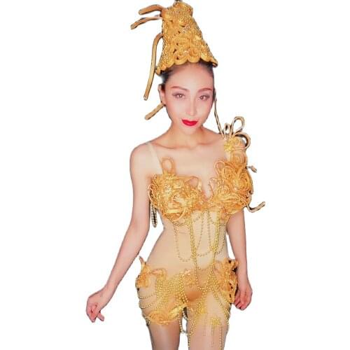 Sparkly Gold Diamonds Women Sleeveless Bodysuits Beaded Pole Dancing Costumes Evening Party Birthday Celebrate Jumpsuits