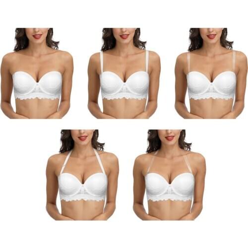 Vgplay White Lace Bra Multiway Strapless Non-slip Women Lingerie Padded Push Up Plus Size Bras For Big Breast Women 30-44 DD E