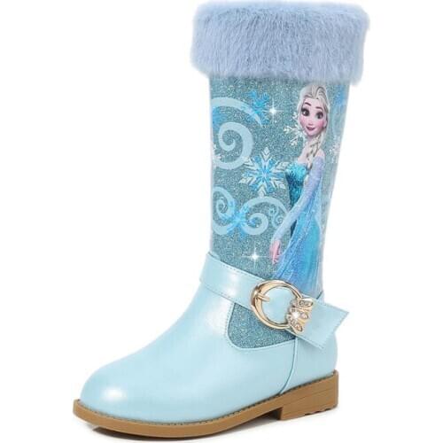 Children PU Leather Snow Boots Girls High Fashion Boot Cute Princess Elsa Warm With Fur Boots