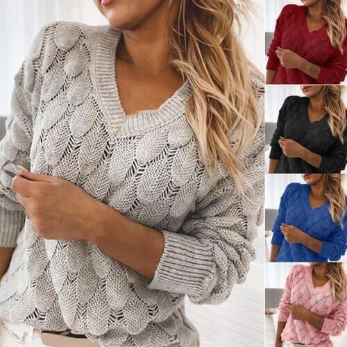 V-neck Pullover Feather Pattern Loose Women Clothes Cotton Long Sleeve Sweater for Date Oversized Jumpers Vintage 2000s Tops