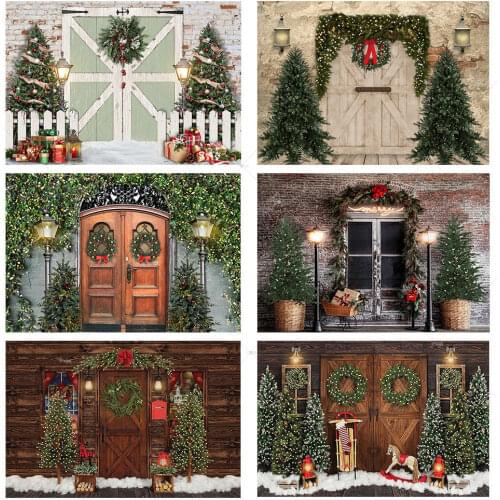 Christmas Winter Photography Backdrops Christmas Tree Vintage Brick Wall Barn Wood Door Photographic Studio Baby Photo Photocall