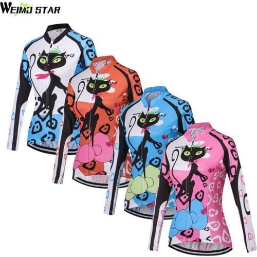 WEIMOSTAR Team Cat Womens Cycling Jersey Ropa Ciclismo Bicycle Sportswear Bike Jersey Long Sleeve Cycling Clothing Top S-XXL