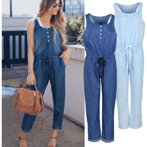 Sleeveless Button Solid Color Fashion Casual Jumpsuits Jeans European Style Women Jumpsuit Denim Overalls