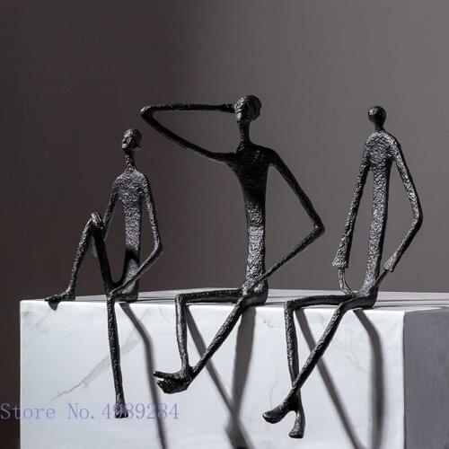 Creative Metal Abstract Figure Ornaments Sitting Posture Sculpture Iron Black Lines Irregular Home Decoration Statue Decor