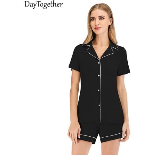 Summer Womens Pajamas Short Sleeve Ladies Sleepwear Two-Piece Suit Color Black Pink Cotton Modal Female Nightgown