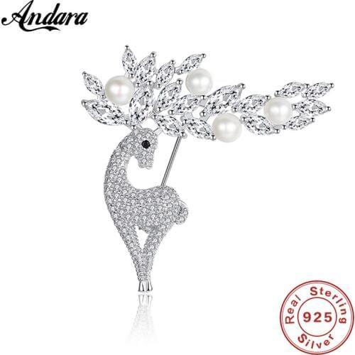 New Arrival 925 Sterling Silver Jewelry Brooch Fashion Giraffe 3A Zircon Pearl Brooch For Women Jewelry Top Quality
