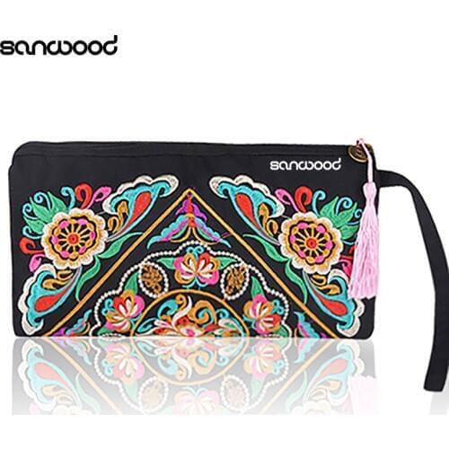 New Trendy Women Handbag Purse Retro Embroidered Phone Coin Storage Zipper Bag with Tassel