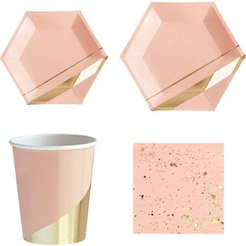 68 Pcs/Set Pink Gold Foil Disposable Tableware Birthday Party Paper Plates Cups Napkin Baby Shower Wedding Party Decor Supplies